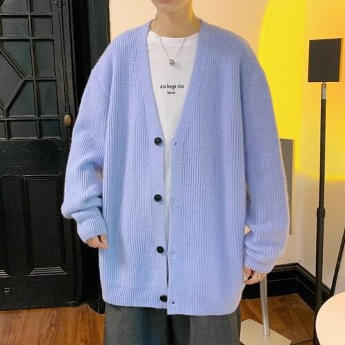 Men Cardigan Autumn Male Outwear Mens Sweaters V-neck Argyle Retro Japanese Trendy All-match Casual Oversized Loose Sweater