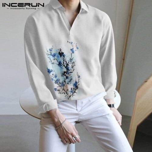 INCERUN 2021 Handsome Printing Blouse New Men Korean Style Camisetas Mens Ink Plum Blossom All-match Long-sleeved Shirt S-5XL