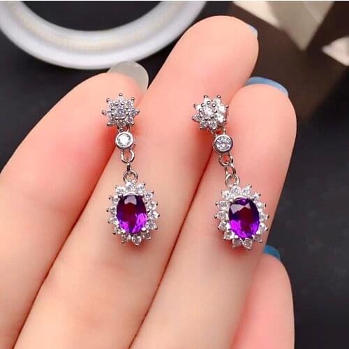 Fashion Crystal Silver Earrings for Young Girl 4*6mm VVS Grade Natural Amethyst Drop Earrings 925 Silver Amethyst Hook Earrings