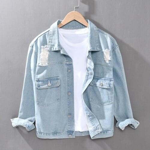 2078 Spring Fashion Mens Denim Jackets Chic Frayed Hole Washed Lapel Double Pockets Youth Casual Streetwear All-Match Coats