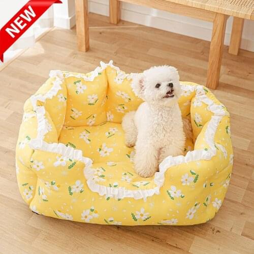 2021 New Cute Flower Print Cat Dog Bed Sofa Cozy Summer Cool Nest Kennel Bed for Small Medium Cat Dog Teddy House Pet Supplies