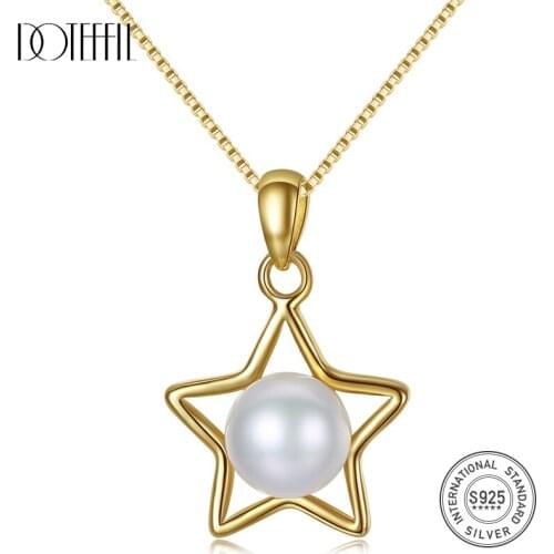 DOTEFFIL 925 Sterling Silver Gilt Pearl Pentagram Necklace Natural Freshwater Pearl Pendant Necklace Pearl Jewelry Women Gift