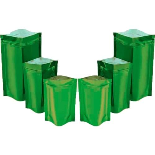 100Pcs Glossy Green Mylar Foil Stand Up Bag Zip Lock Self Seal Tear Notch Doypack Reclosable Food Chocolate Snack Pack Pouches