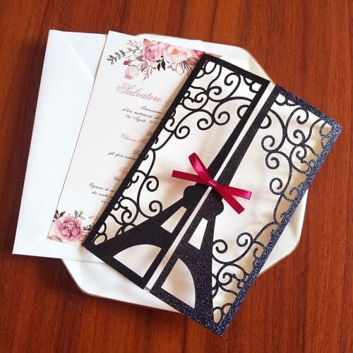 50pc Black Glitter Paris Tower Quinceanera Invitations With Personalized Print DIY Greeting Cards For Sweet Sixteen Anos Party