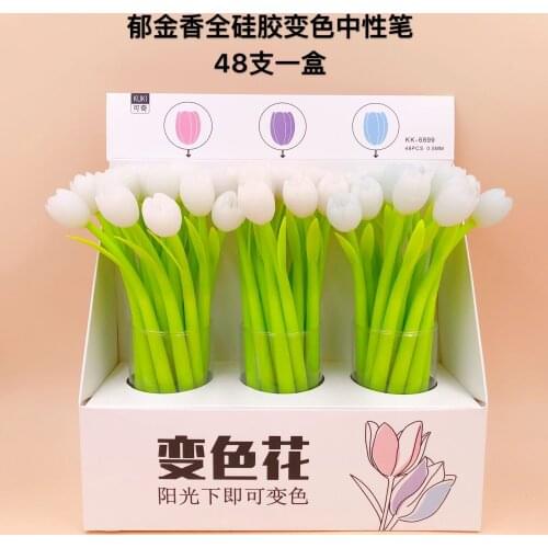 48 Pcs Gel Pens Tulip Flower Discoloration Black Colored Gel-inkpens for Writing Cute Stationery Office School Supplies 0.5mm