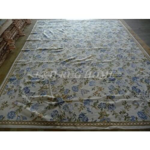 Free shipping 9'x12' handmade woolen rug, needlepoint woolen carpet, 100% New Zealand Wool blue floralshigh quality