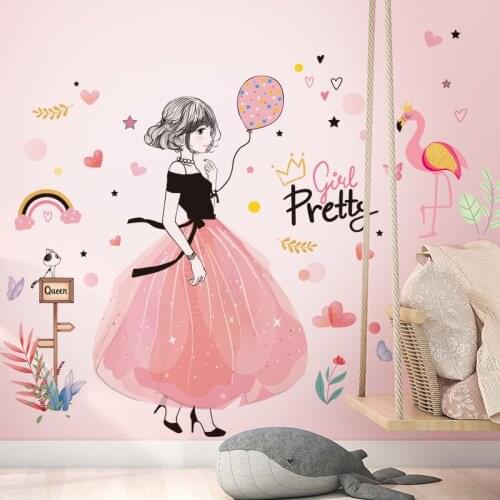 [shijuekongjian] Cartoon Girl Wall Stickers DIY Flamingo Mural Decals for Kids Rooms Baby Bedroom Nursery House Decoration