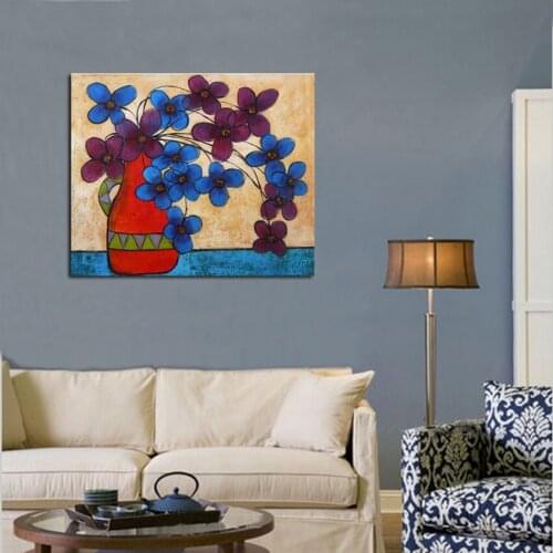 Modern simple style hand painted retro purple and blue little flowers in the vase oil painting on canvas for home art decor