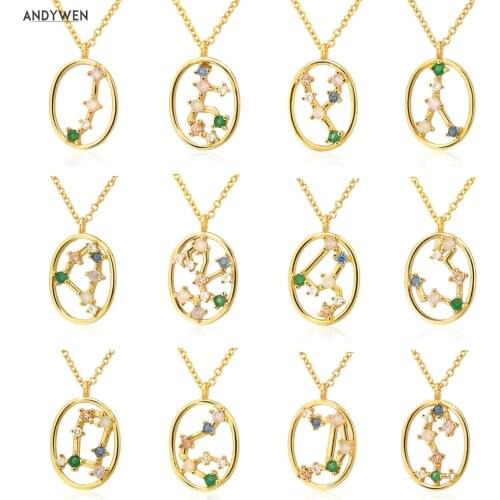 ANDYWEN 100% 925 Sterling Silver Spring Rainbow CZ Zodiacs Pendant Necklace 2021 Wedding Jewelry Fine Rock Punk Ovals Crystal