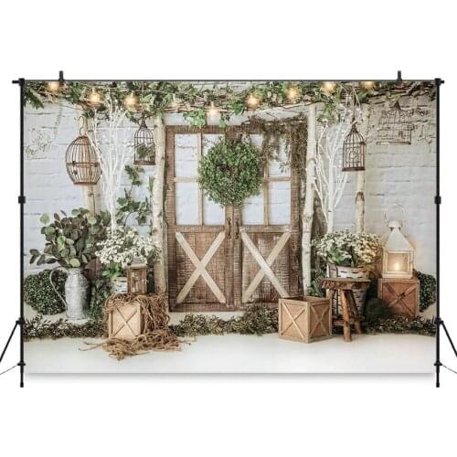 Spring Backdrop White Brick Wall Newborn Baby Kids Photography Background Wood Door Green Garland Photo Studio Backdrops