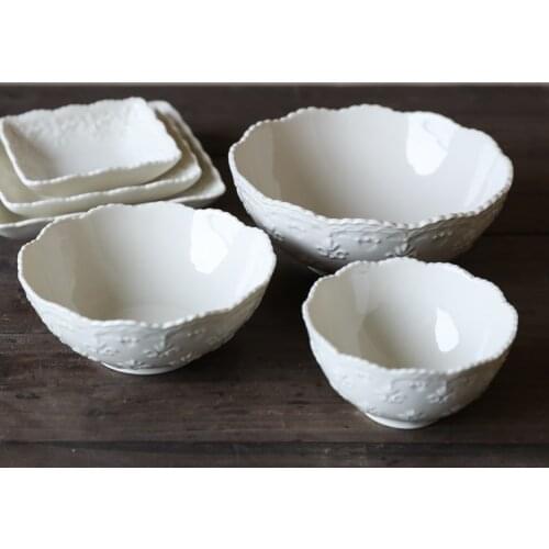 Vintage Cream-white Stereo Patterned Ceramic Cutlery Plate Deep Dish Salad Plate/Rice Bowl Cutlery