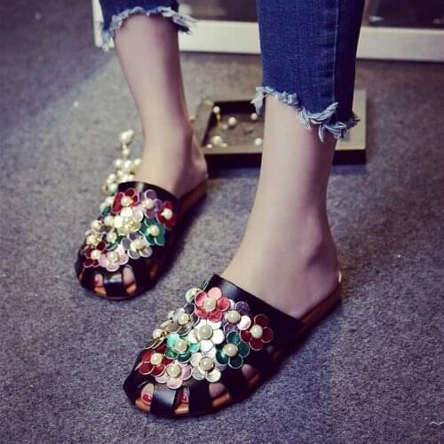 Black White Summer Sandals Mules Flower Pearl Slippers Women Flat Slides Caged Hole Shoes Flip Flops Indoor & Outdoor VOGELLIA
