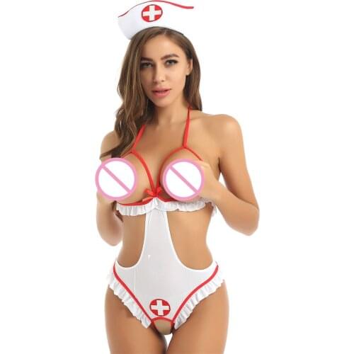 Women Erotic Lingeire Set Fantasy Nurse Cosplay Roleplay Halter Open Cups Crotchless Tie-on Leotard Bodysuit Nurse Costume Set