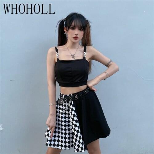 Sexy Women Summer Sleeveless Harajuku Short Vest+Necklace Crop Tops Black Gothic Tank Top Sleeveless Bandeau T-Shirt Plaid Skirt