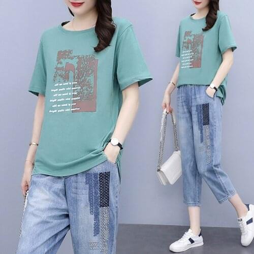Single/Suit Fashion Set Women Summer Round Neck Printing 100% Cotton T-shirt+Elastic Waist Cropped Jeans Loose Two-piece Female