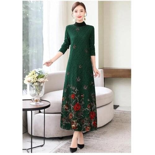 Autumn and Winter New Plus Velvet Thick Dress Slim Mothers Dress Large Size Loose Western Style Noble Lady Long Skirt Female
