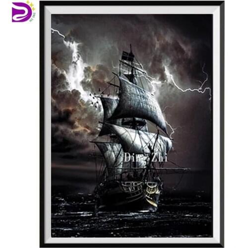 5D Diamond Embroidery Pirate Ship At Sea Diy Diamond Painting Lightning Cross Stitch Boat Beaded Mosaic Wall Decor