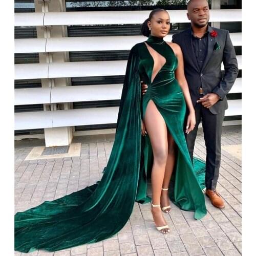 Arabic Aso Ebi 2021 Green Mermaid Evening Wear High Split Prom Dresses Velvet Formal Party Second Reception Gown Plus Size