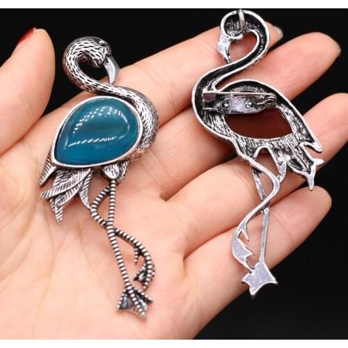 Natural Stone Brooches Lapis Lazuli Flamingo Pin Pendants for Women Weddings Banquet Party Brooches Pins Gifts 30x80mm
