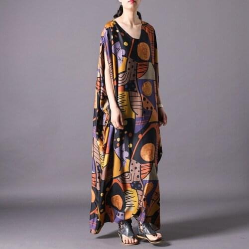 Silk plus size long women dress printed loose V-neck dresses vintage elegant summer cool robe personality fashion women clothes