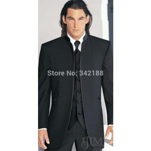 HOT SALE Black Groom Tuxedos/Stand Collar Best Man Suits /Wedding Groomsman Men Wedding Suits/Bridegroom suit/cheap groom tuxedo