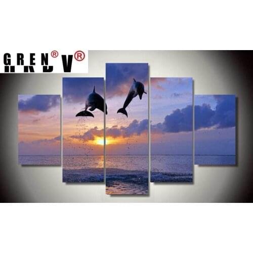 GREN 5 Panels Canvas Painting Sunset Seaside Modular HD Printed Animals Dolphins Posters Wall Picture for Living Room Home Decor