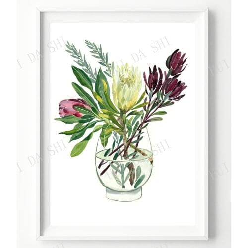 King Protea Australian Native plants watercolour wall art print wild flowers Australiana Leucadendron Modern Floral