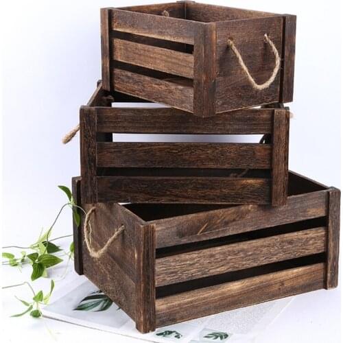 Creative Household Wooden Rectangular Storage Basket with Rope Handle Vintage Rustic Hollow Out Organizer Bin Box Crates