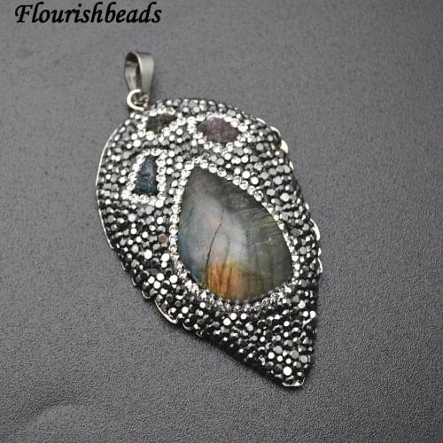 Natural Labradorite Stone Cabochon and Tourmaline Chips Beads Paved Leaf Shape Pendant