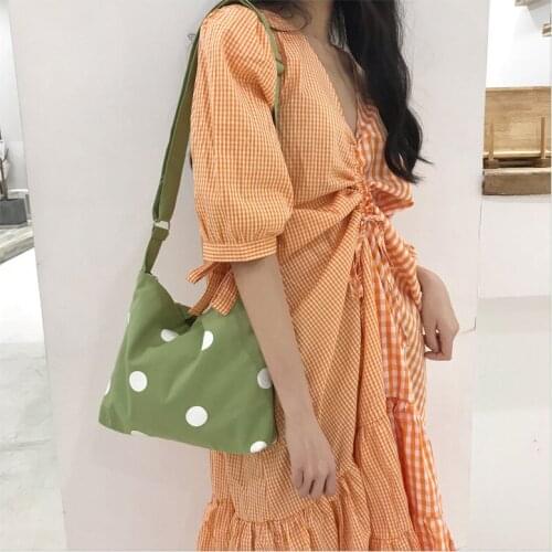 Wholesale Eco Friendly Customized Green White Dots Canvas Shoulder Beach Bag INS Cute Wave Fashion Style All-Match