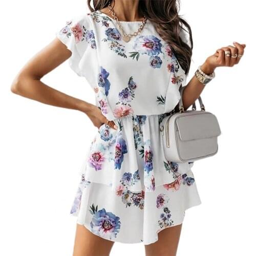 Women Dress Fashion Elegant Vintage Casual Loose Floral Print Mini Doule Layer Ruffles Sleeveless Summer Sundress Beach Dresses