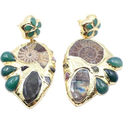 GG Jewelry Big Natural Green Agate Gold Plated Conch fossil Labradorite Tourmaline Chips Dangle Stud Earrings Handmade For Women