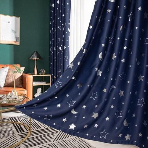 Star Moon Foil Printed Curtain for Children Room Kids Boy Girl Cartoon French Window Blackout Treatment for Living Room Curtains