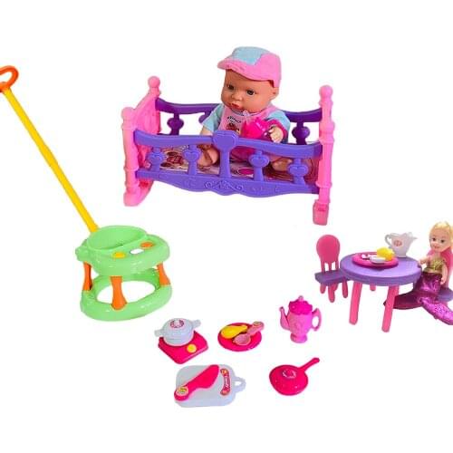 The combination of polyester and plastic, lovely cart and doll, simulated dining table toys