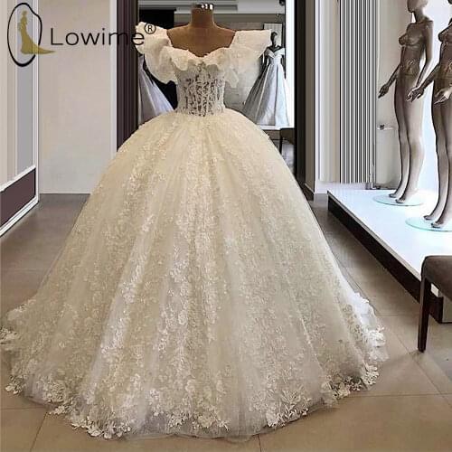 Ivory See Boning Illusion Wedding Dresses Pearls Off the Shoulder Ball Gown Puffy Lace Bridal Gowns