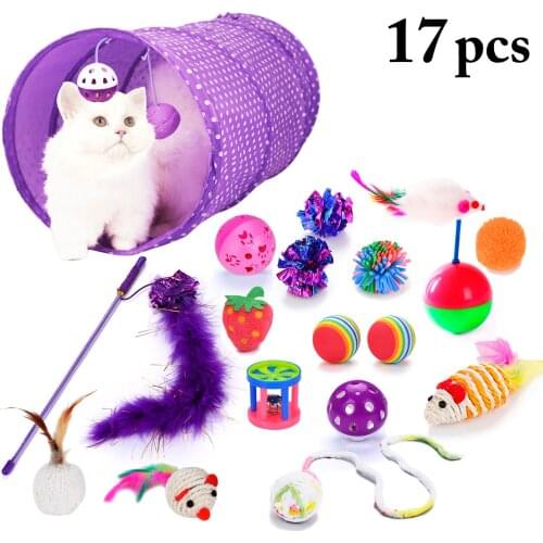 17Pcs Legendog Cat Toy Assorted Types Cat Teaser Toy Cat Ball Toy Cat Tunnel Cat Plush Toy Colorful Fake Feather Toy Funny Toy