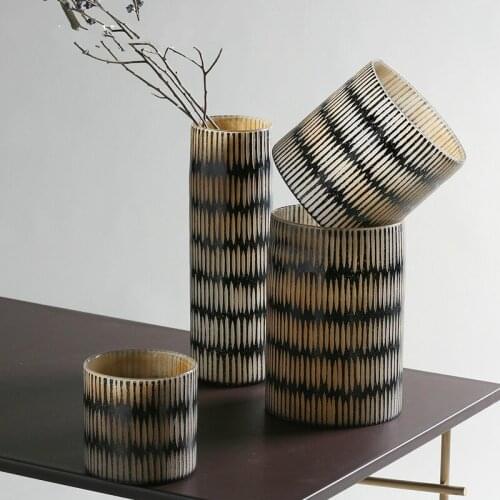 New Creative Light Brown Striped Printing Straight Glass Vase Home Soft Living Room Flower Decoration