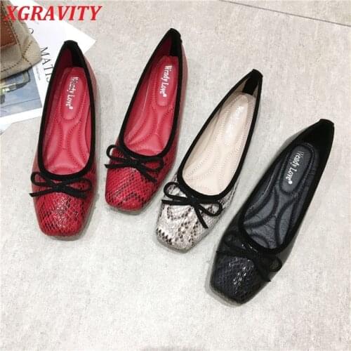 XGRAVITY 2021 Autumn Fashion Flat Shoes Elegant Comfortable Ladies Footwear Female Butterfly Knot Square Toe Snakeskin Shoes
