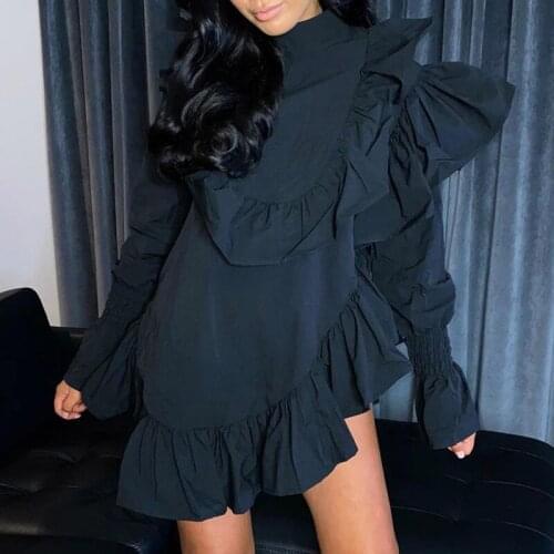 Elina Stand Collar Long Sleeve Tshirts Women Vogue Ruffle Tops Women Elegant Solid Asymmetrical Tees Female Ladies