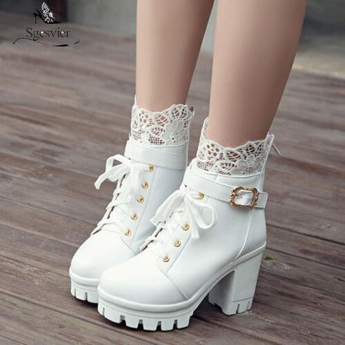 Sgesvier 2020 New ankle boots for women lace up buckle round toe white square high heels platform boots women fashion shoes