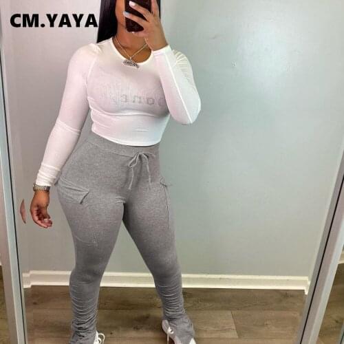 CM.YAYA Women Pants Solid Pockets Drawstring Waist Stacked Sheath Elastic Full Length Pencil Pants Casual Trousers Summer 2021