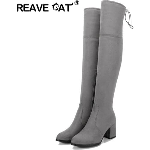REAVE CAT Black Gray Womens Micro Suede Thigh High Boots Block Thick Heel Stretch Over the Knee Boots for Woman Plus Size Wine
