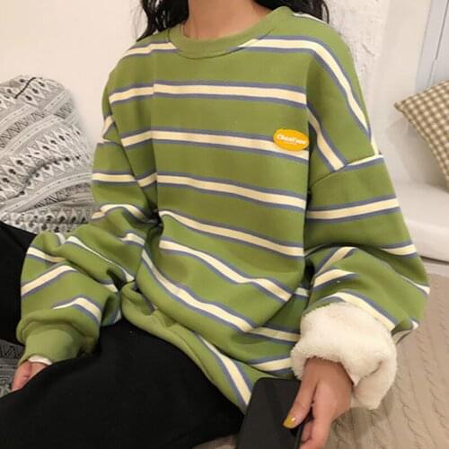 Womens Sweatshirts Round Neck Plus Velvet Winter New Korean Fashion Loose Stripe Printing Thick Harajuku Y2k Tops Kawaii Itself