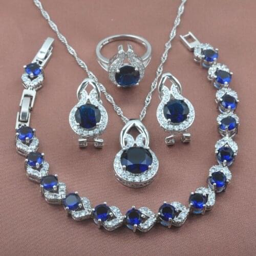 Silver Color Crystal Jewelry Sets Womens Wedding Blue Crystal Bracelet Necklace Pendant Earrings Ring Russian Style YZ0265
