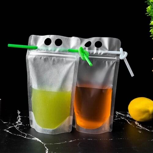 1000pcs 17oz Clear Drink Pouches Bags Handheld Frosted Zipper Standup Drinking Bag Bottom Gusset with Plastic Straws W0009