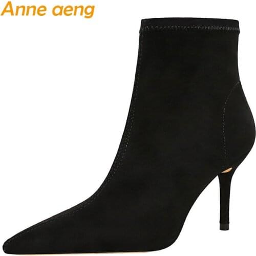 2019 New Winter Women Ankle Boots High Thin Heel Pointed Toe Solid Zipper Sexy Ladies Women Shoes Black Female Warm Short Boots