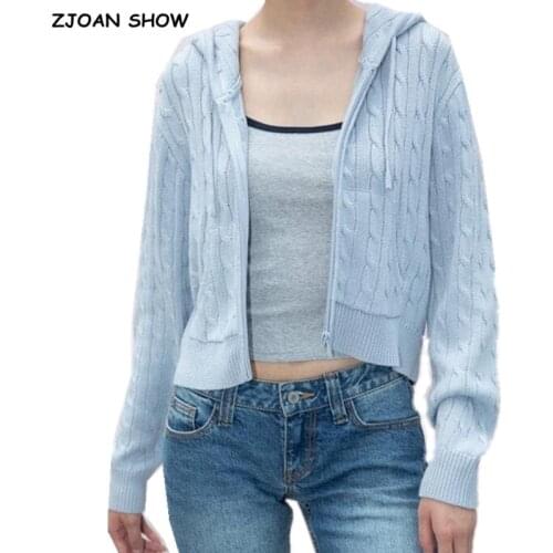 2020 Autumn 90s Vintage Striped Twist Knitting Hooded Cardigan Cropped Women Pockets Zipper Sweater Long sleeve Short Jumper