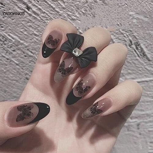 24pcs NAIL PRESS ON Black Butterfly Nail Patch Glue Type Removable Long Paragraph Fashion Manicure Save Time False Nail Patch TY