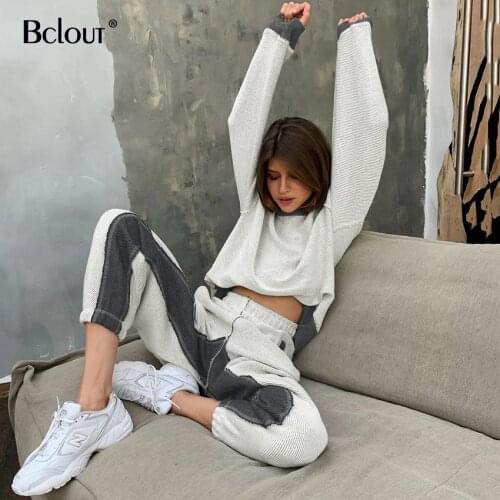 Bclout Casual Panelled Two Piece Set Women Sport Harem Pants And Long Sleeve Shirt Fall O Neck Patchwork Loose Suits 2021 Lady