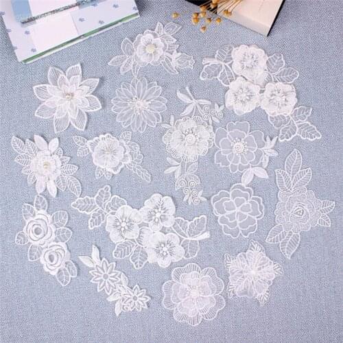 White Organdy Pearl Flower stripe Patches Embroidered Cloth Stickers Bride Veil Dress Accessories Sew On Patch for Clothing DIY
